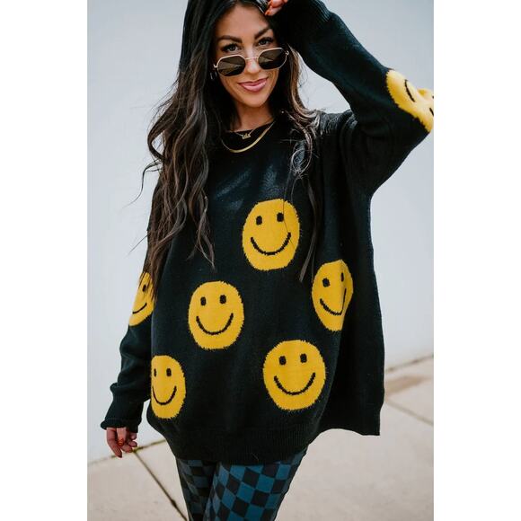 Dressed in LALA Have Fun Oversized Smile Knit Pullover Sweater Black S / M - Picture 1 of 6